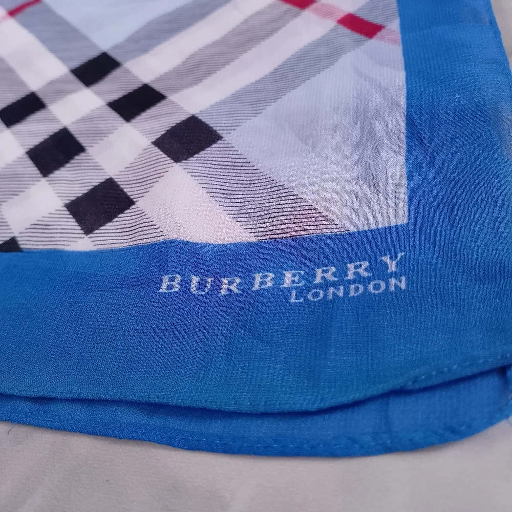 Vintage Burberry Check Handkerchief Scarf Blue Border 60x20 Classic Designer - Picture 3 of 10